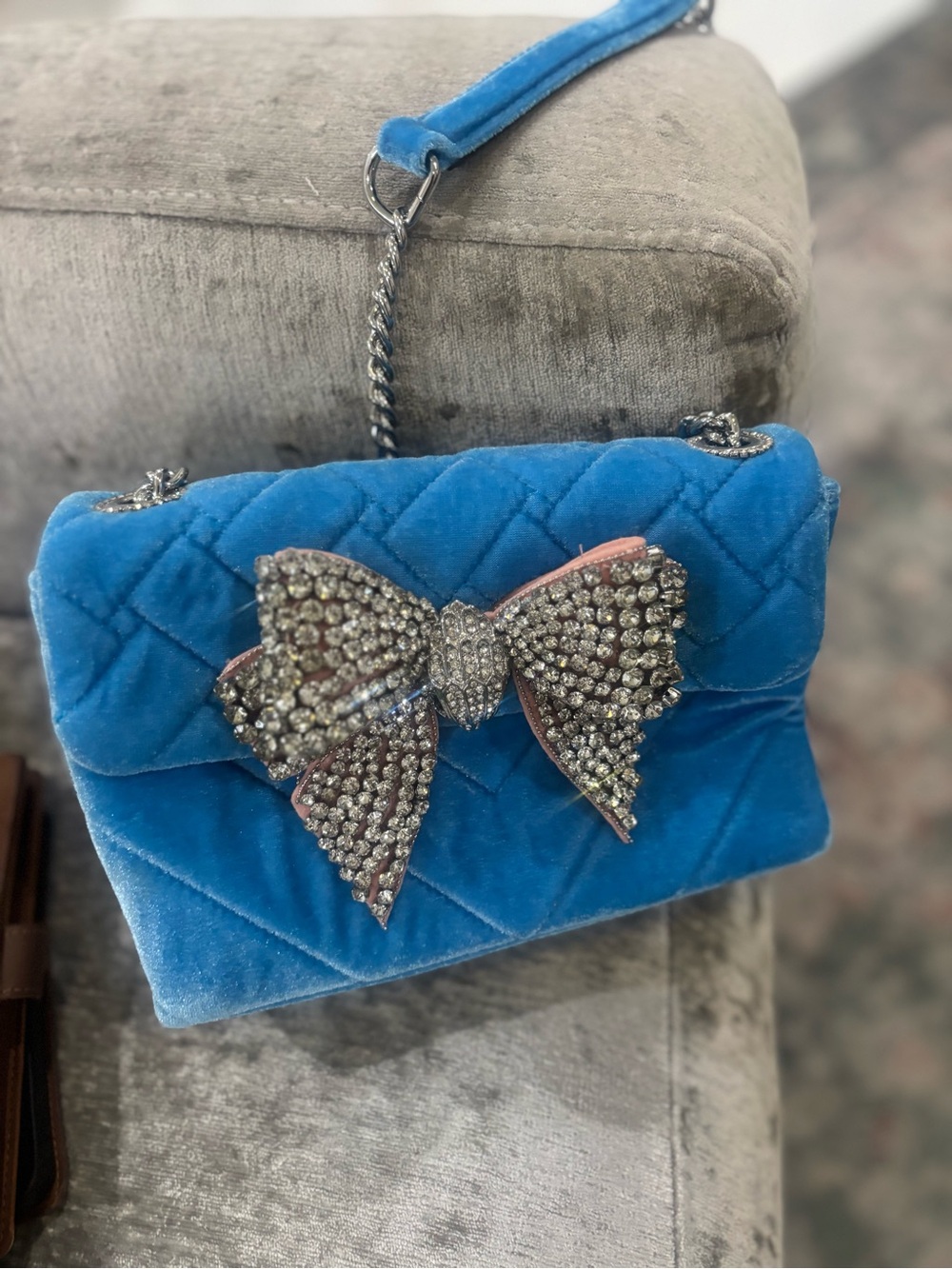 Kurt Geiger Blue Quilted Velvet Crossbody with Crystal Bow - Picture 2 of 6